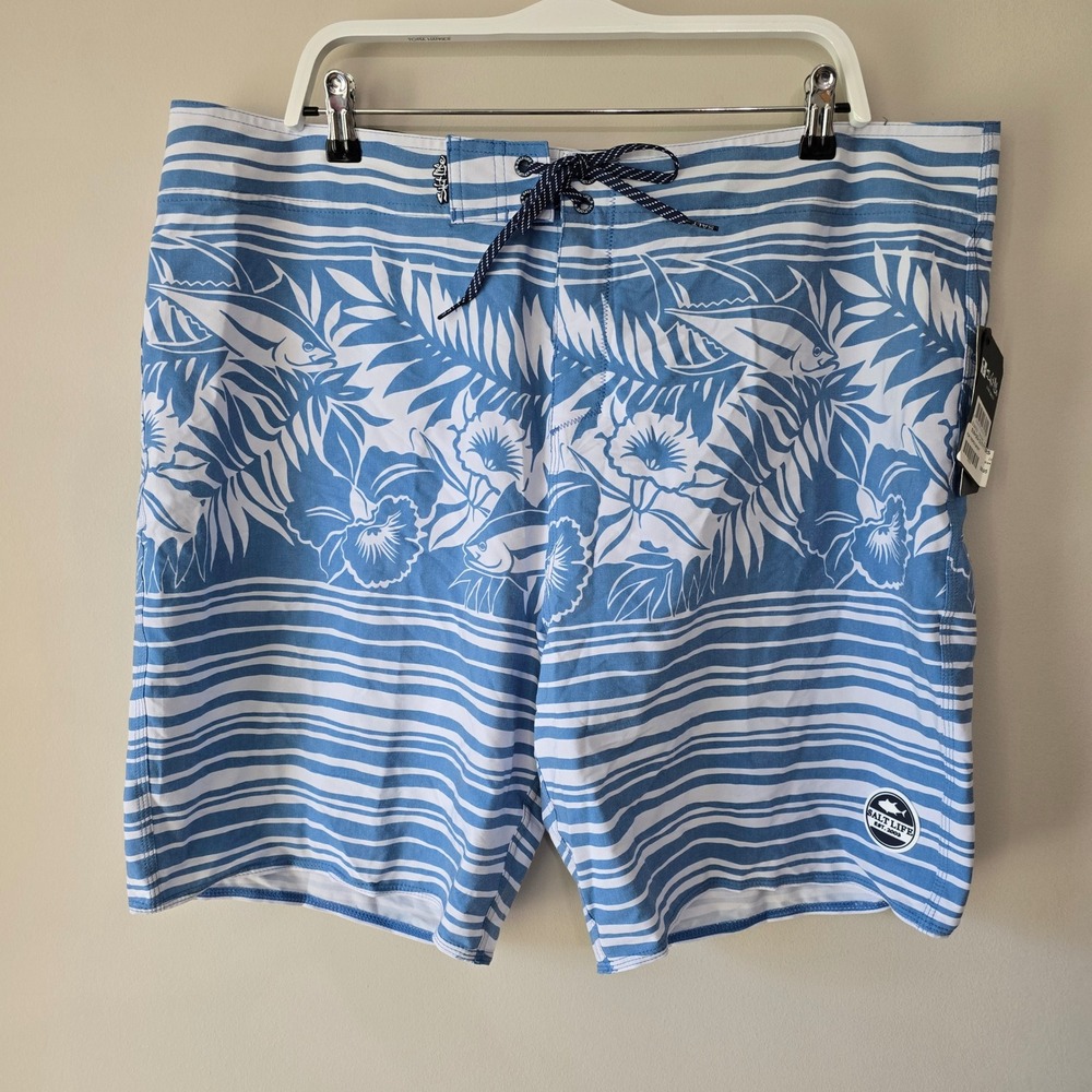 Salt Life Mens 42 Fish Tropics Board Shorts Blue White SLX-QD Quick Dry SLM4002
